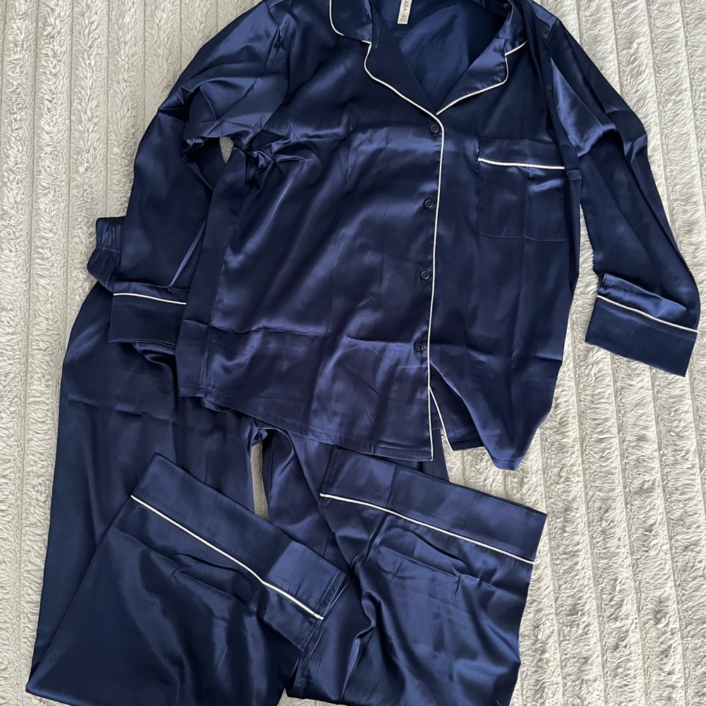 Elegant Navy Satin Pajama Set